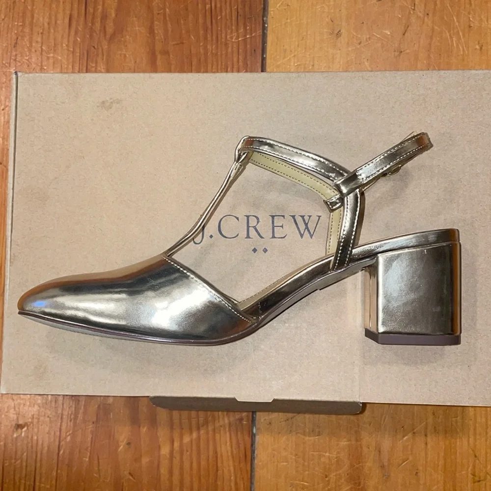 Shoe J Crew Ankle T- Strap Heel Gold NIB NEW size 9 1/2 - Picture 7 of 15